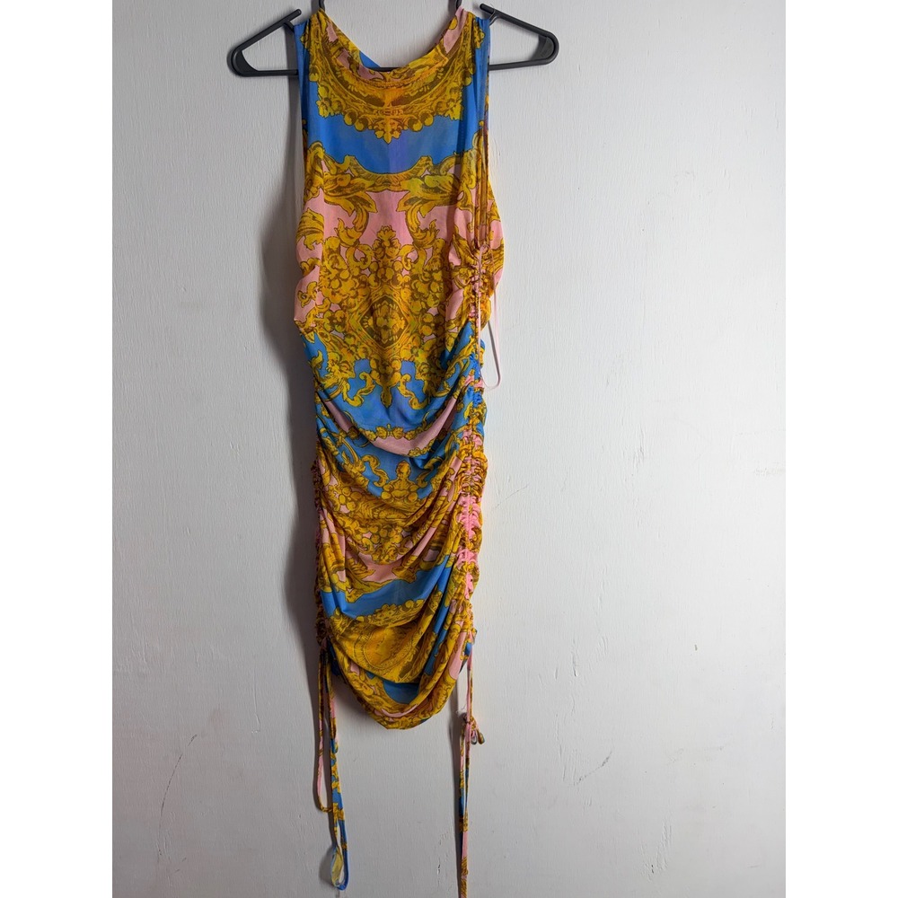 Fashion Nova Baroque Print Ruched Mesh Mini Dress Blue Pink Yellow Large